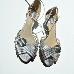 Silver Strappy Open-Toe Heels With Metallic Button Detail & Adjustable Ankle Str